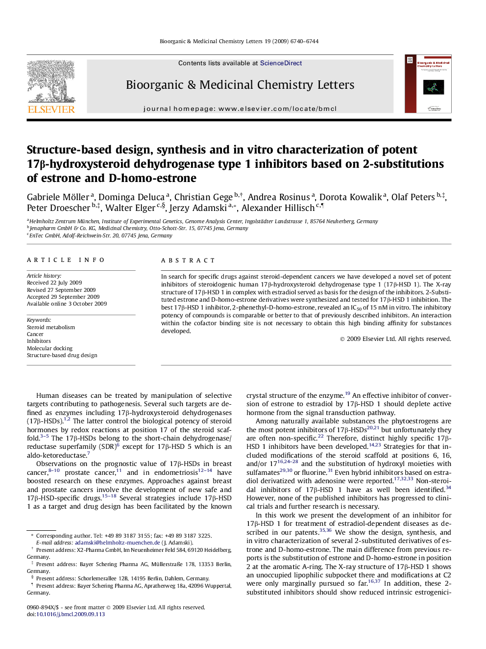 Structure-based design, synthesis and in vitro characterization of potent 17β-hydroxysteroid dehydrogenase type 1 inhibitors based on 2-substitutions of estrone and D-homo-estrone