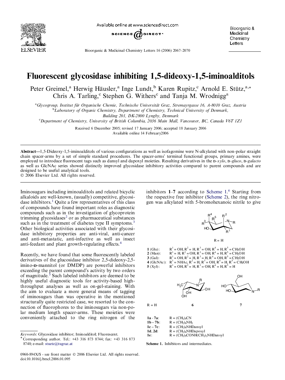 Fluorescent glycosidase inhibiting 1,5-dideoxy-1,5-iminoalditols