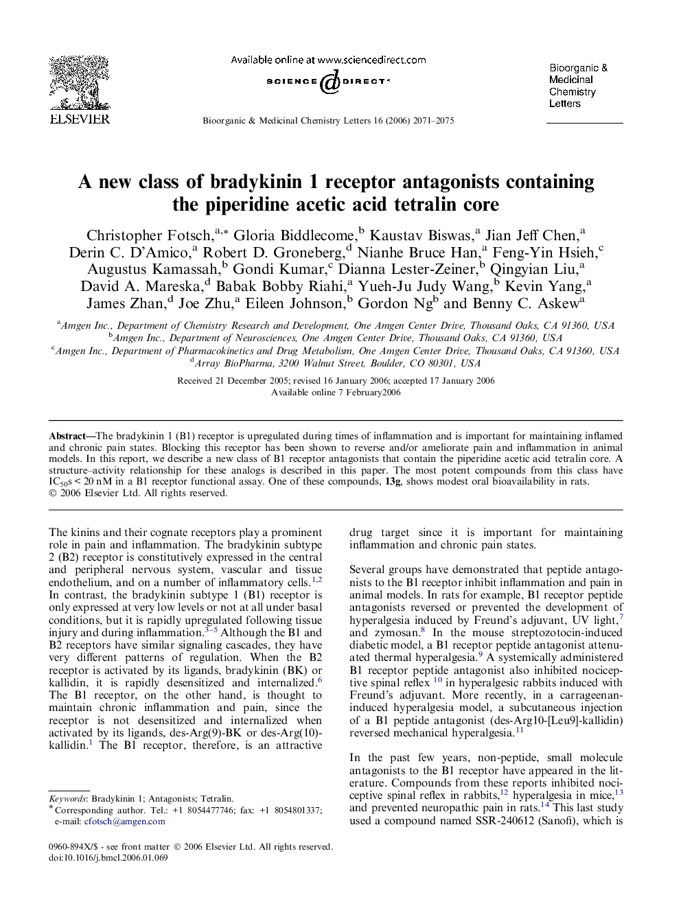 A new class of bradykinin 1 receptor antagonists containing the piperidine acetic acid tetralin core