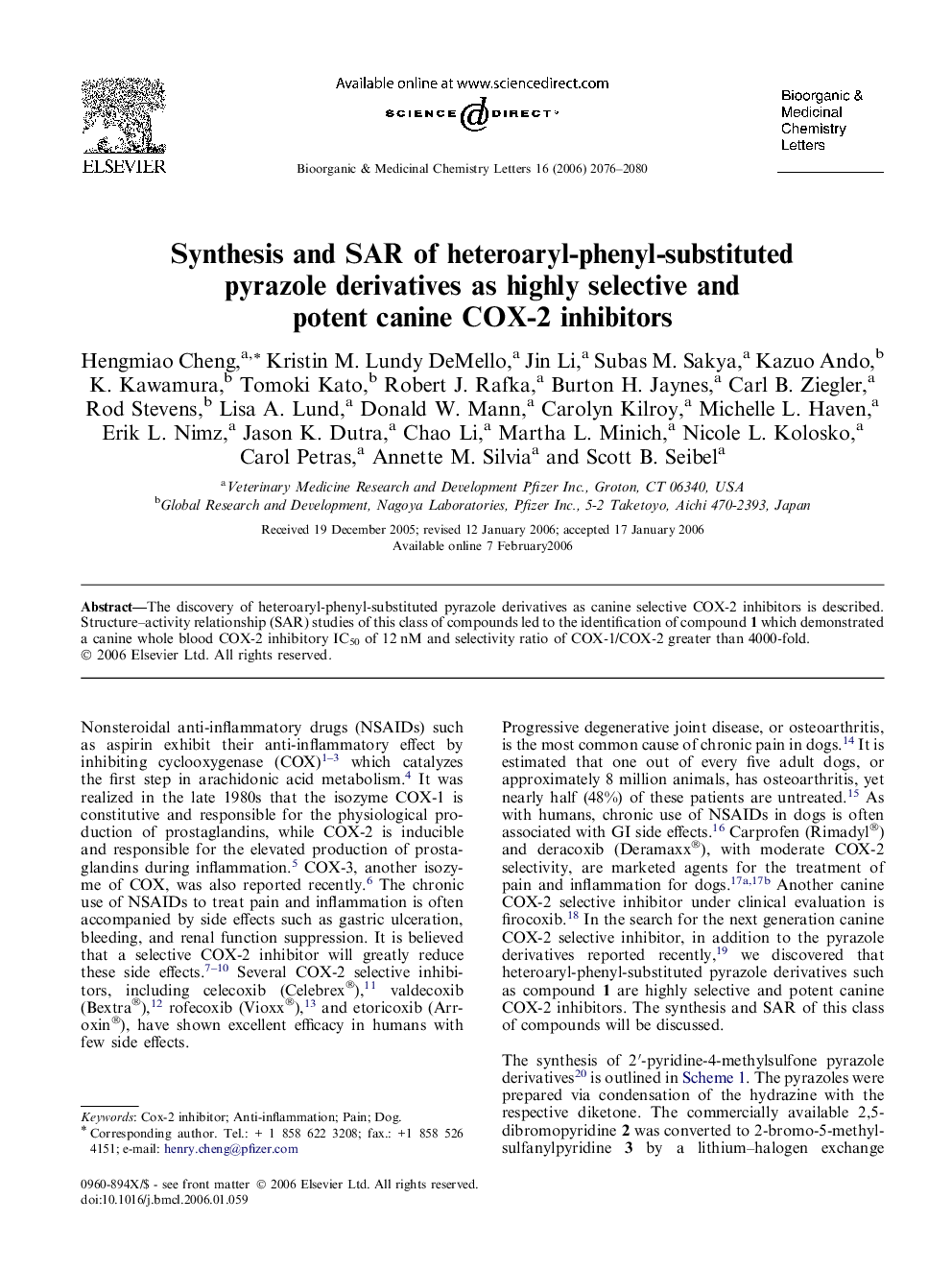 Synthesis and SAR of heteroaryl-phenyl-substituted pyrazole derivatives as highly selective and potent canine COX-2 inhibitors