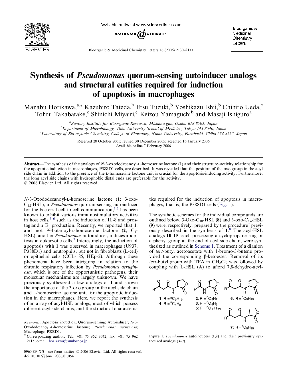 Synthesis of Pseudomonas quorum-sensing autoinducer analogs and structural entities required for induction of apoptosis in macrophages