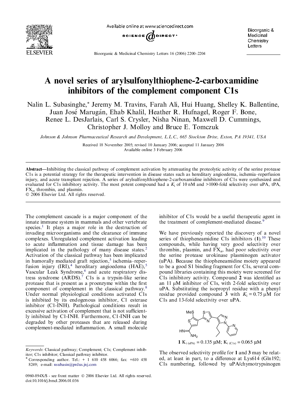 A novel series of arylsulfonylthiophene-2-carboxamidine inhibitors of the complement component C1s