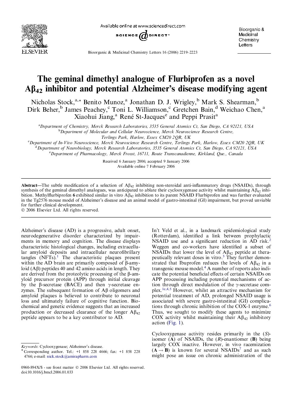 The geminal dimethyl analogue of Flurbiprofen as a novel Aβ42 inhibitor and potential Alzheimer’s disease modifying agent