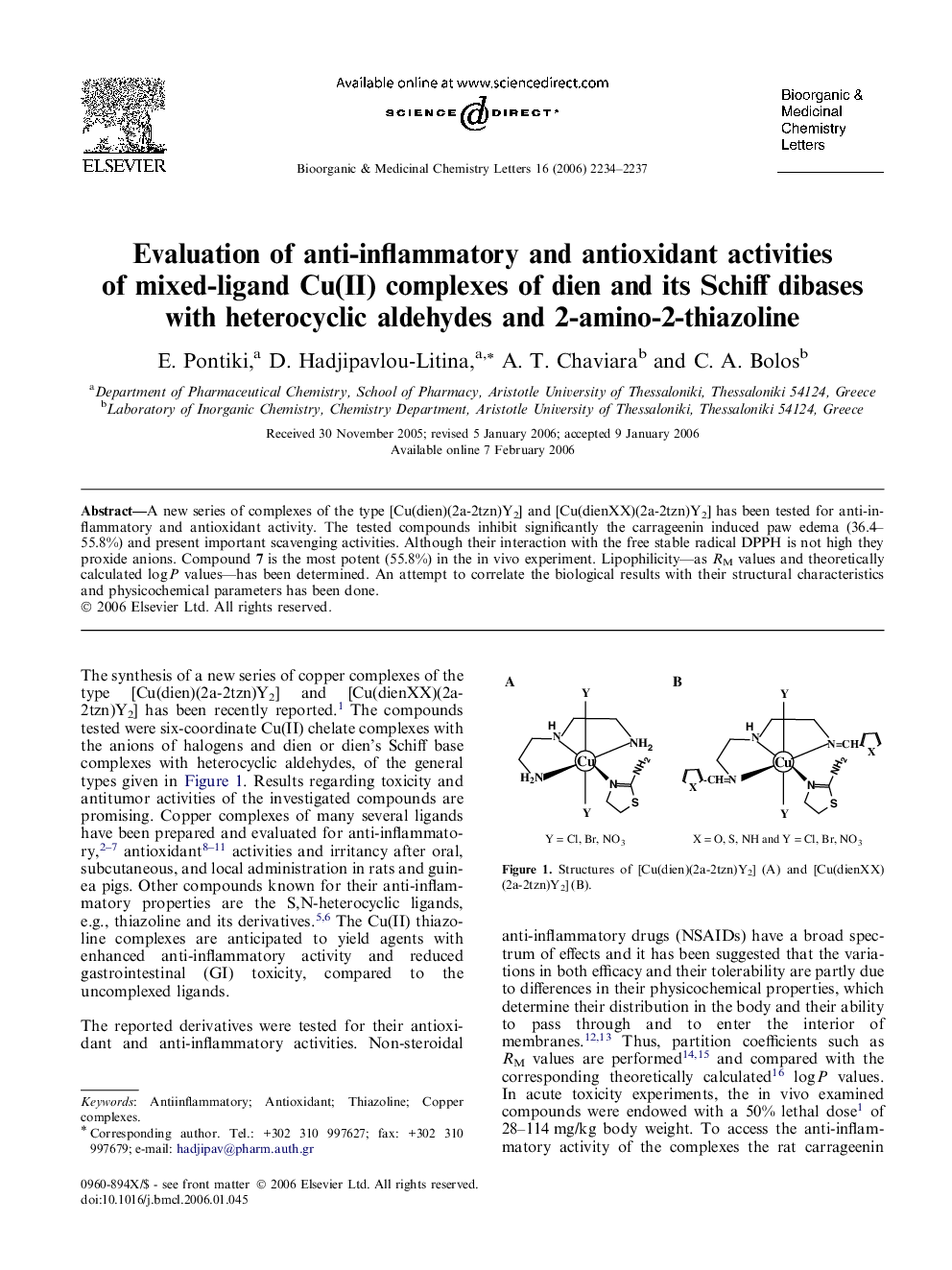 Evaluation of anti-inflammatory and antioxidant activities of mixed-ligand Cu(II) complexes of dien and its Schiff dibases with heterocyclic aldehydes and 2-amino-2-thiazoline