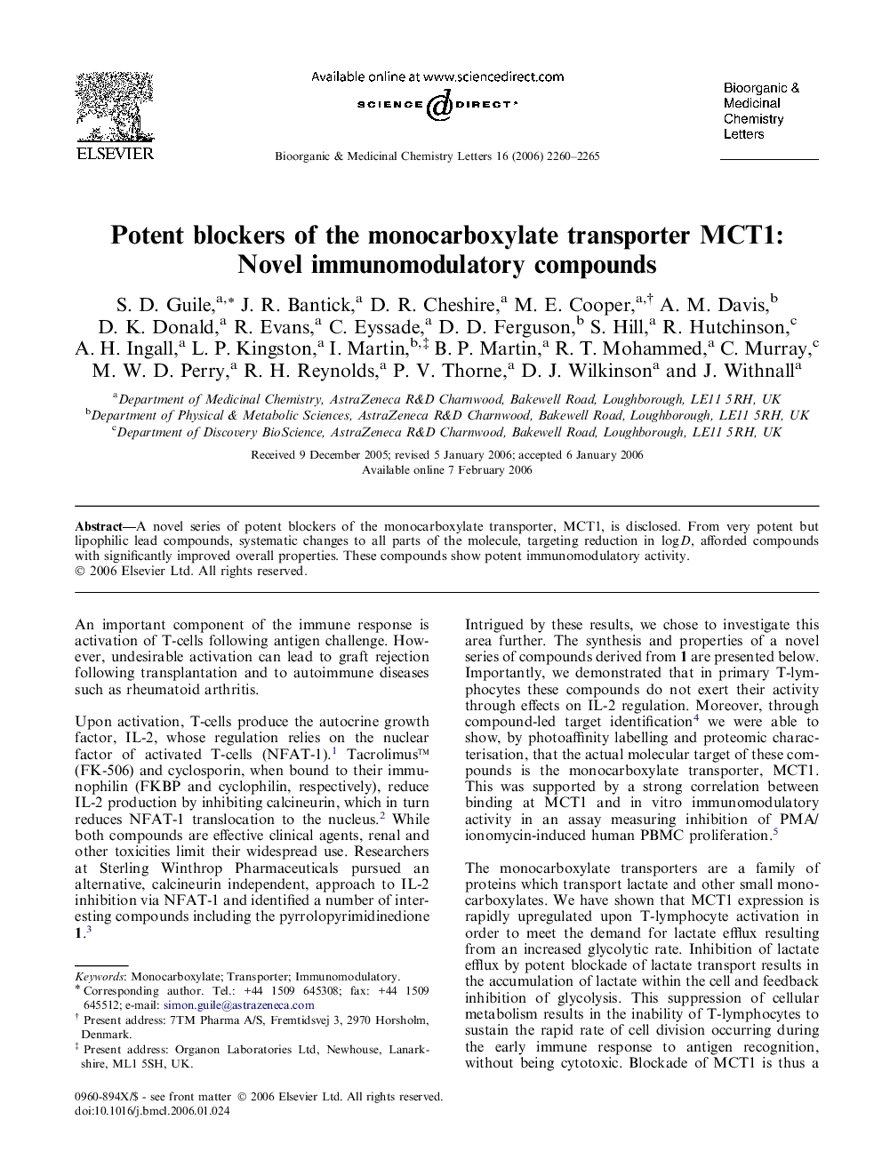 Potent blockers of the monocarboxylate transporter MCT1: Novel immunomodulatory compounds