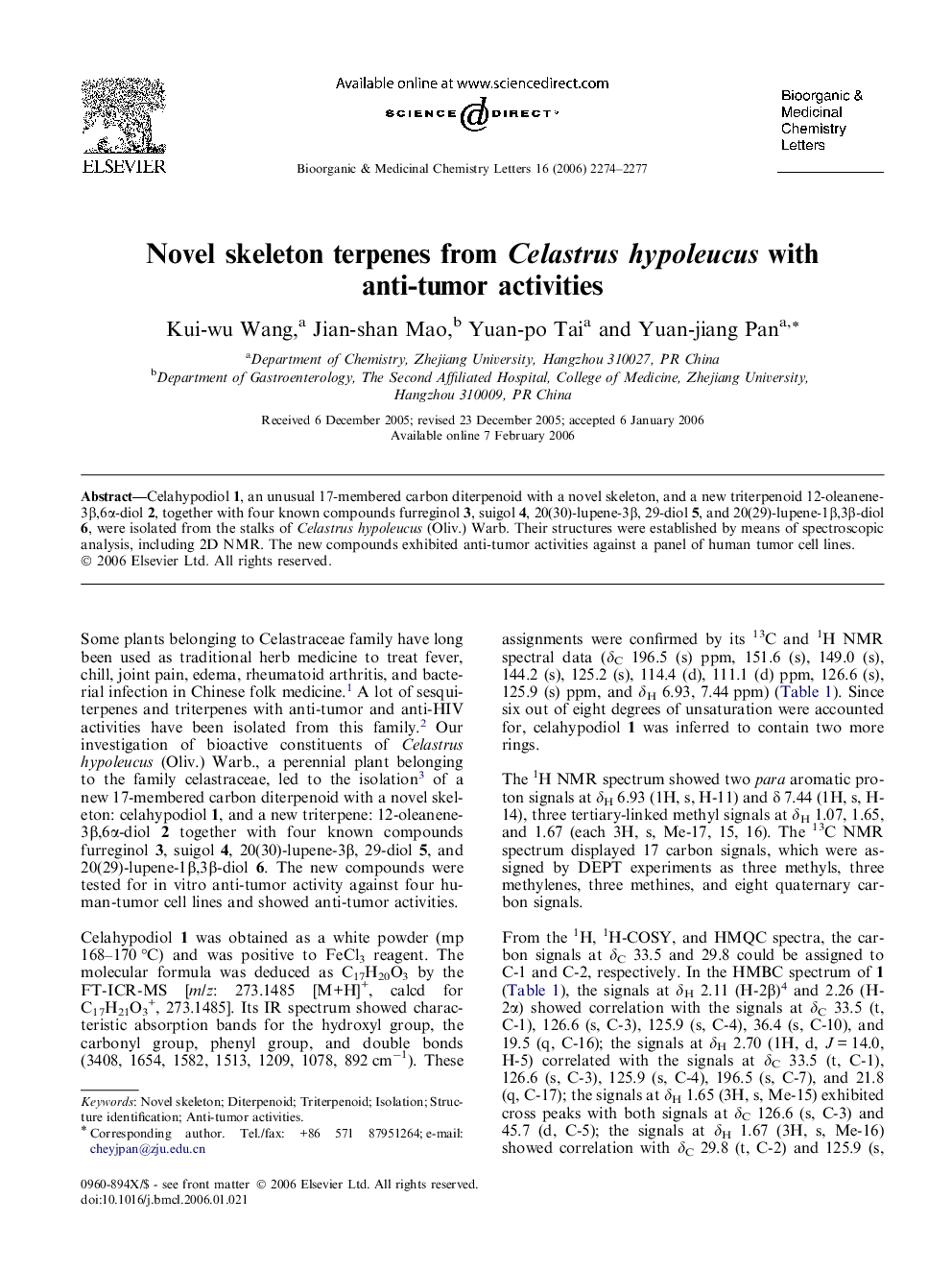 Novel skeleton terpenes from Celastrus hypoleucus with anti-tumor activities