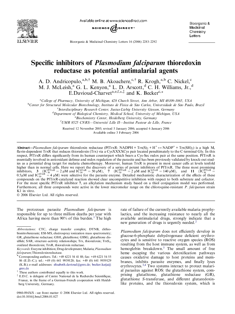 Specific inhibitors of Plasmodium falciparum thioredoxin reductase as potential antimalarial agents