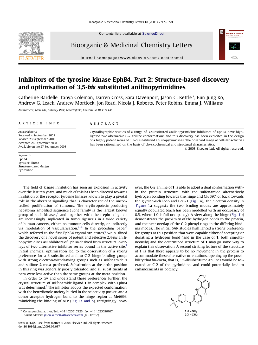 Inhibitors of the tyrosine kinase EphB4. Part 2: Structure-based discovery and optimisation of 3,5-bis substituted anilinopyrimidines