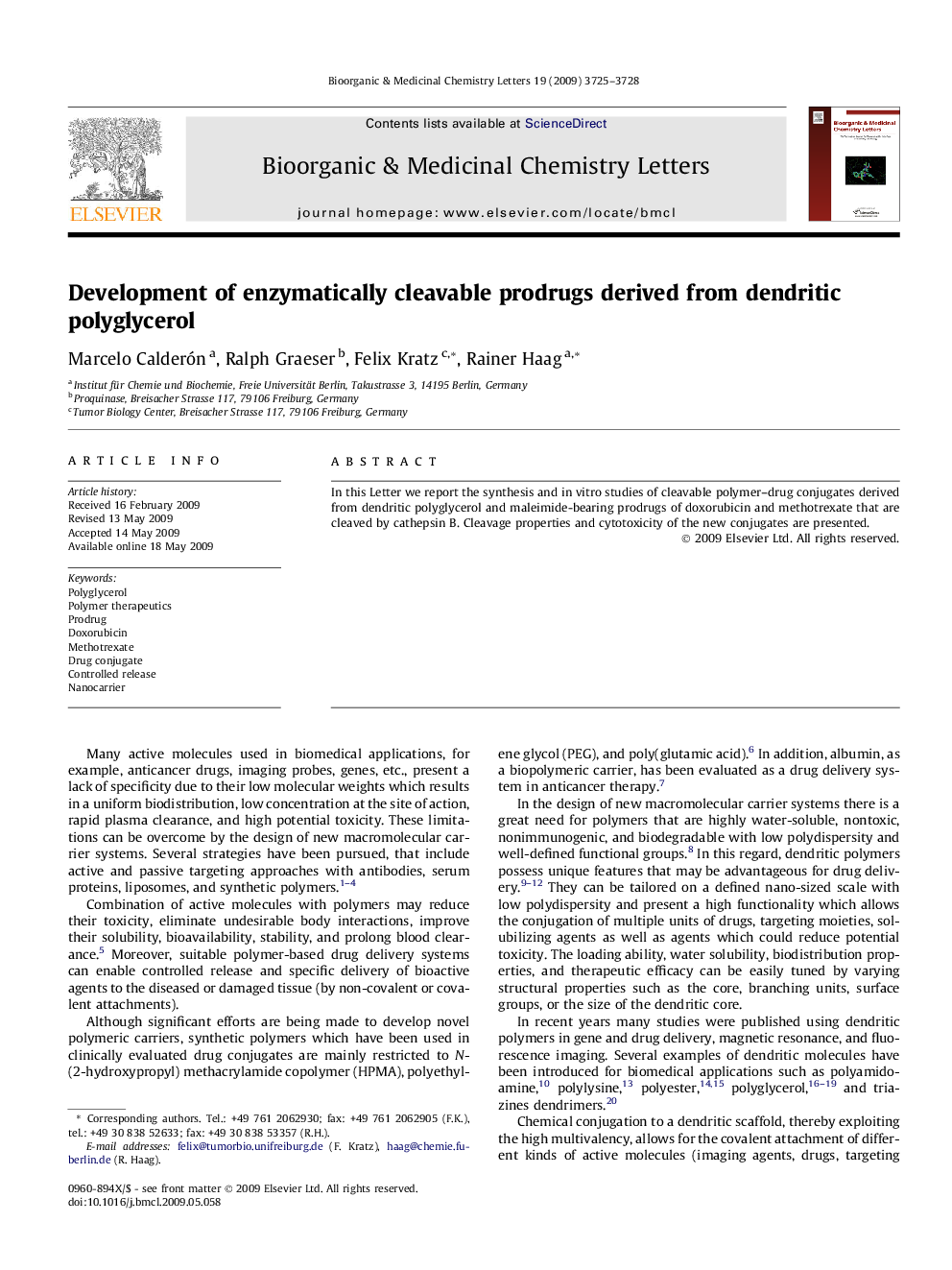 Development of enzymatically cleavable prodrugs derived from dendritic polyglycerol