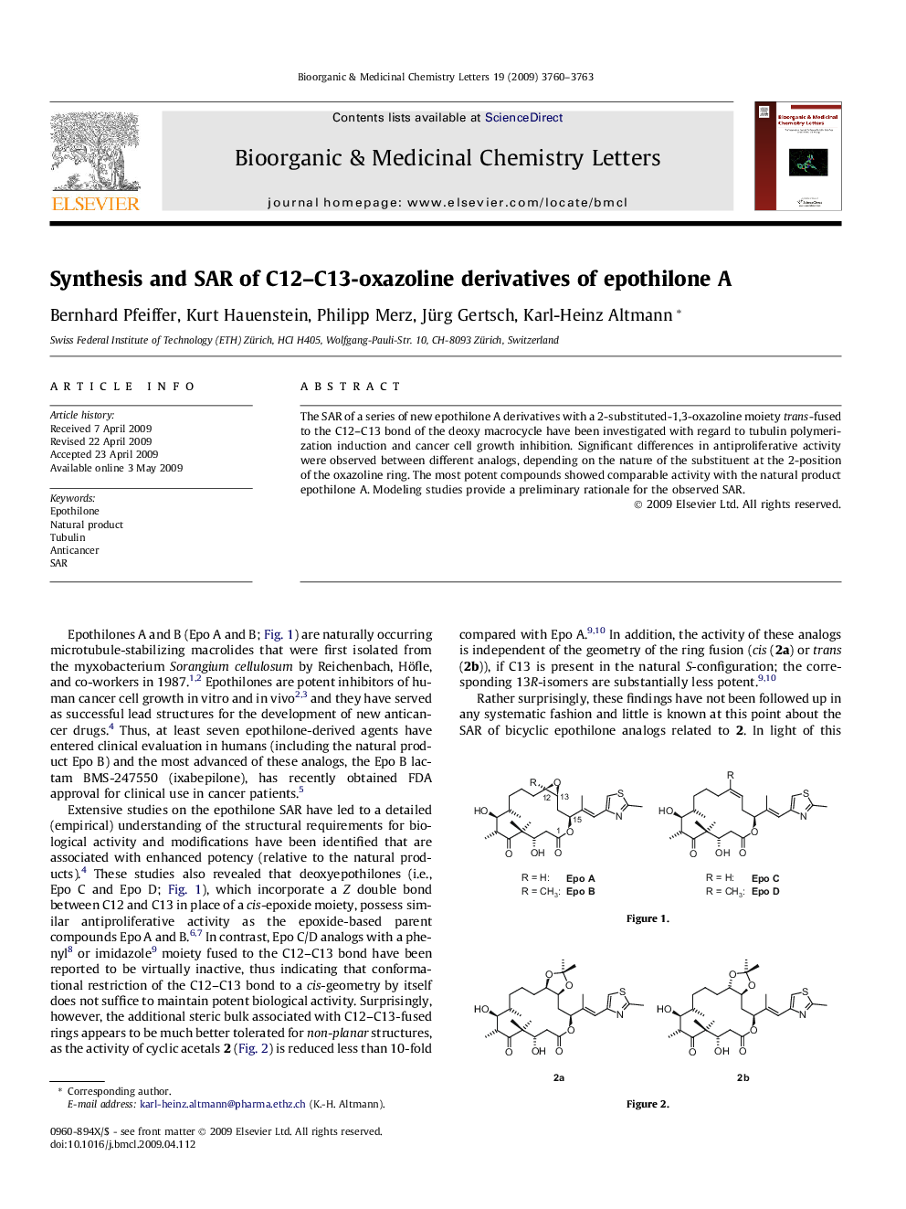 Synthesis and SAR of C12–C13-oxazoline derivatives of epothilone A