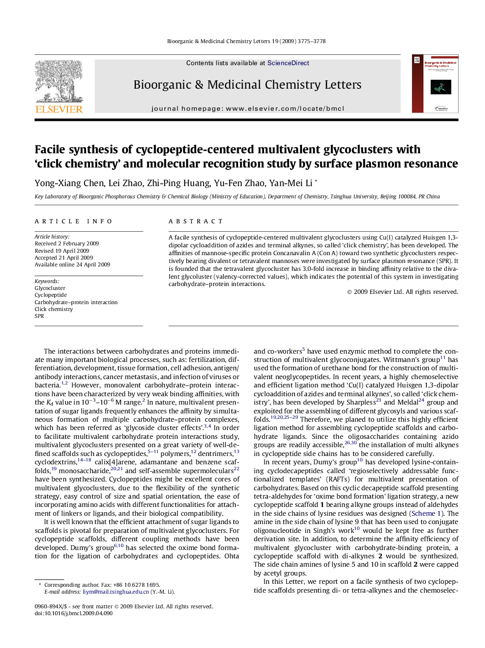 Facile synthesis of cyclopeptide-centered multivalent glycoclusters with ‘click chemistry’ and molecular recognition study by surface plasmon resonance