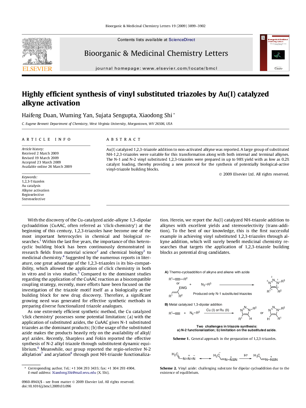 Highly efficient synthesis of vinyl substituted triazoles by Au(I) catalyzed alkyne activation