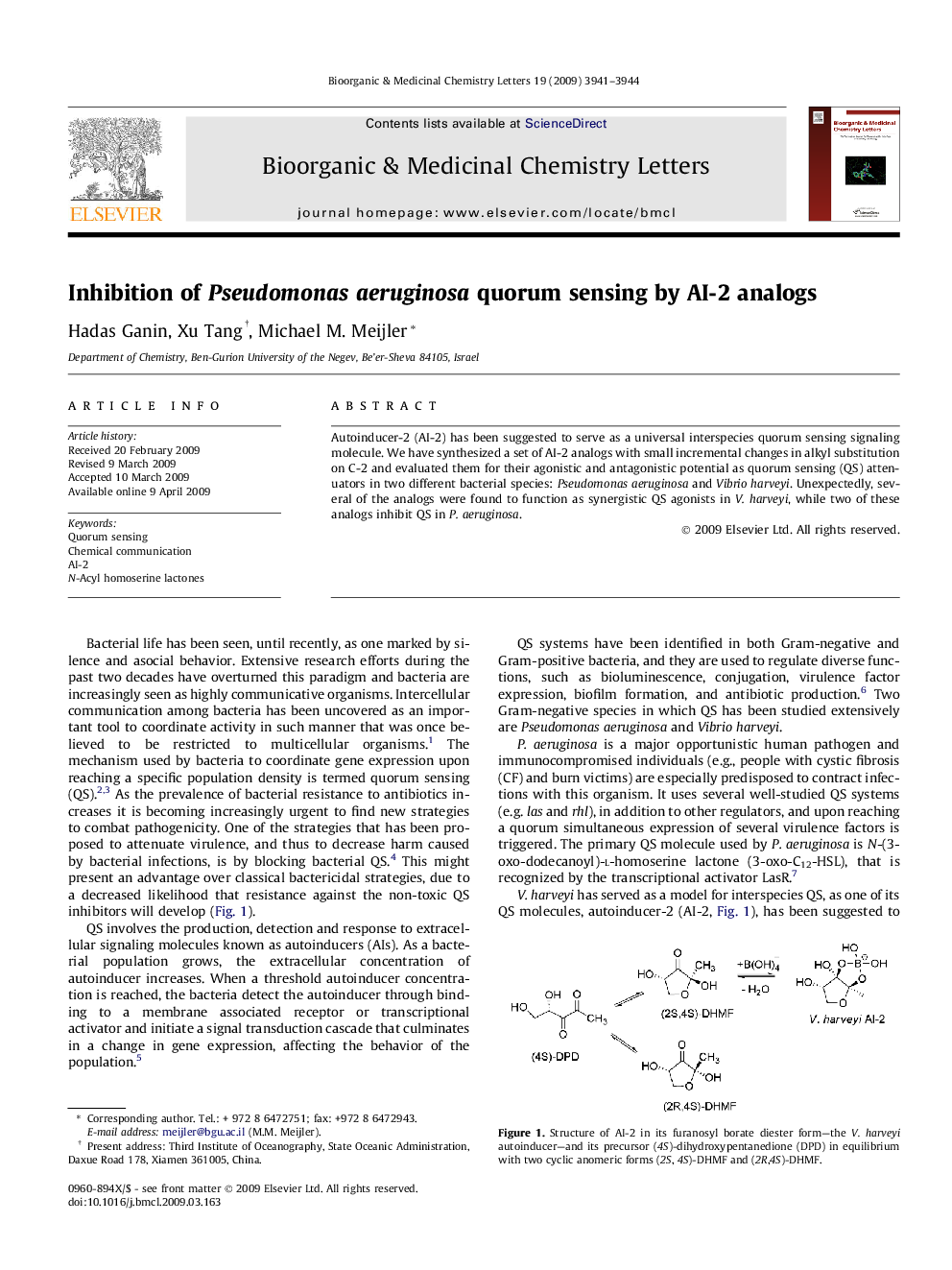 Inhibition of Pseudomonas aeruginosa quorum sensing by AI-2 analogs