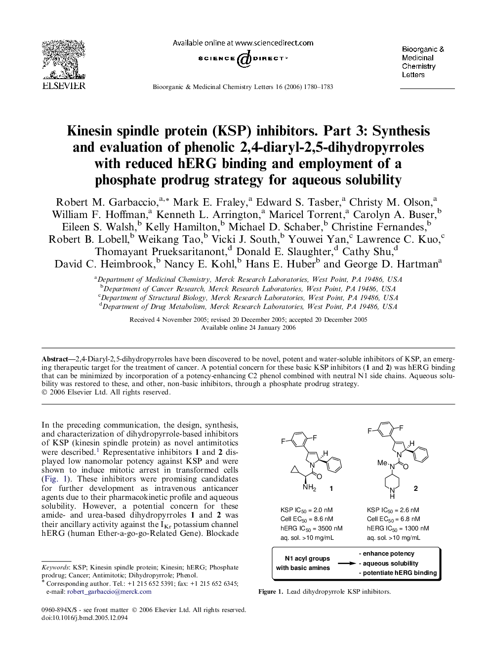 Kinesin spindle protein (KSP) inhibitors. Part 3: Synthesis and evaluation of phenolic 2,4-diaryl-2,5-dihydropyrroles with reduced hERG binding and employment of a phosphate prodrug strategy for aqueous solubility