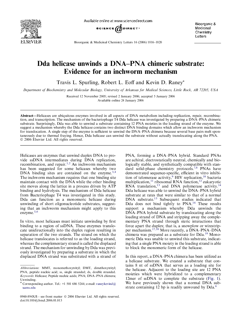 Dda helicase unwinds a DNA–PNA chimeric substrate: Evidence for an inchworm mechanism