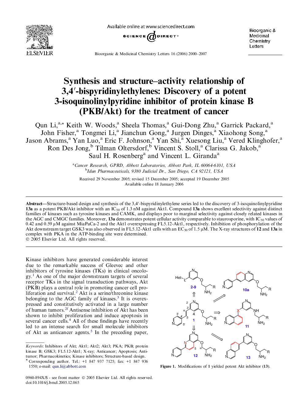 Synthesis and structure–activity relationship of 3,4′-bispyridinylethylenes: Discovery of a potent 3-isoquinolinylpyridine inhibitor of protein kinase B (PKB/Akt) for the treatment of cancer