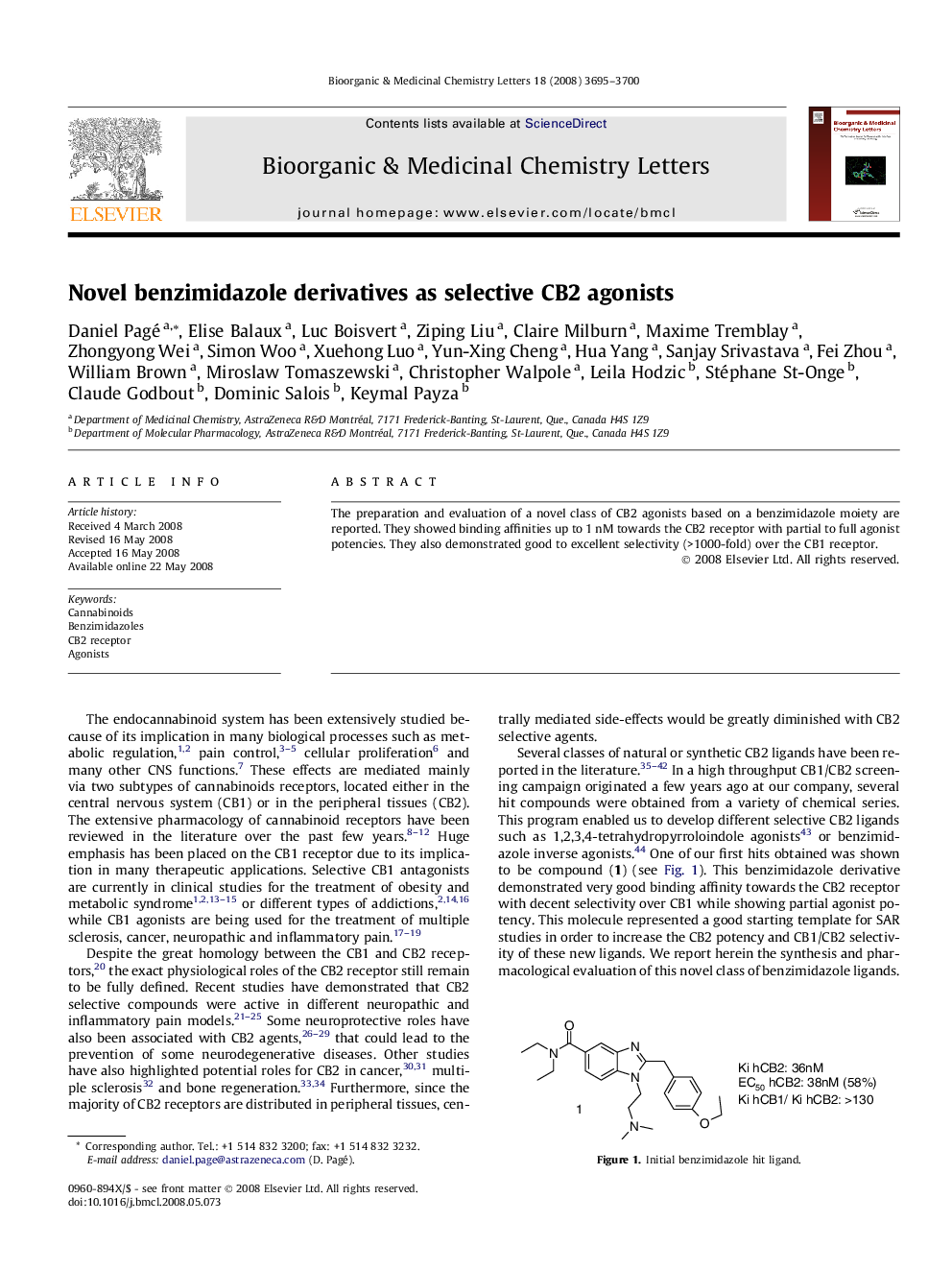 Novel benzimidazole derivatives as selective CB2 agonists