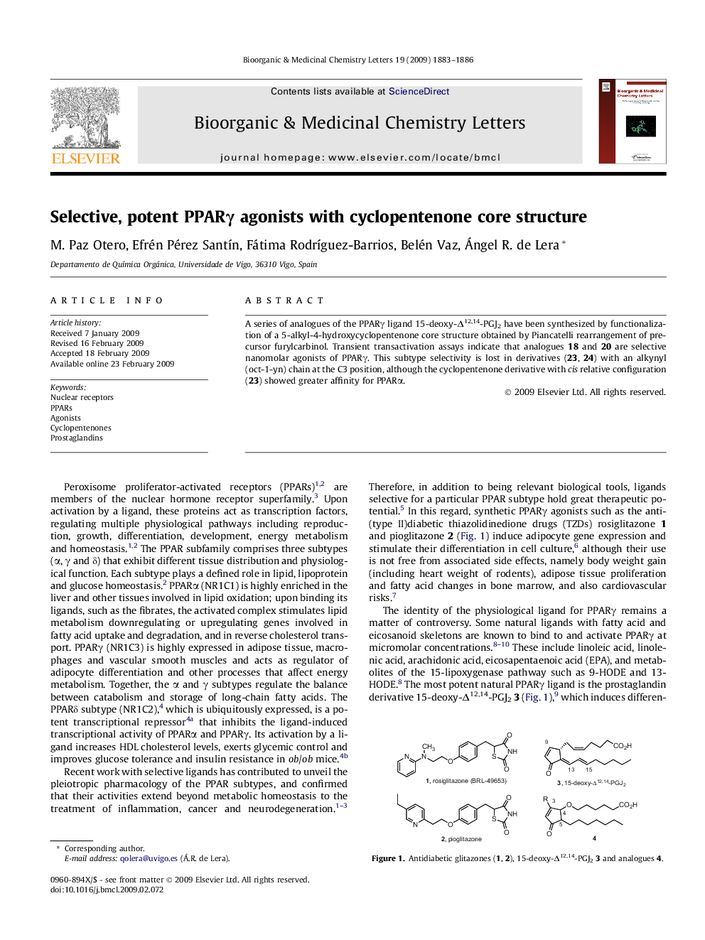 Selective, potent PPARγ agonists with cyclopentenone core structure