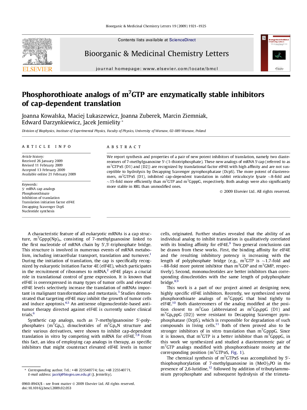 Phosphorothioate analogs of m7GTP are enzymatically stable inhibitors of cap-dependent translation