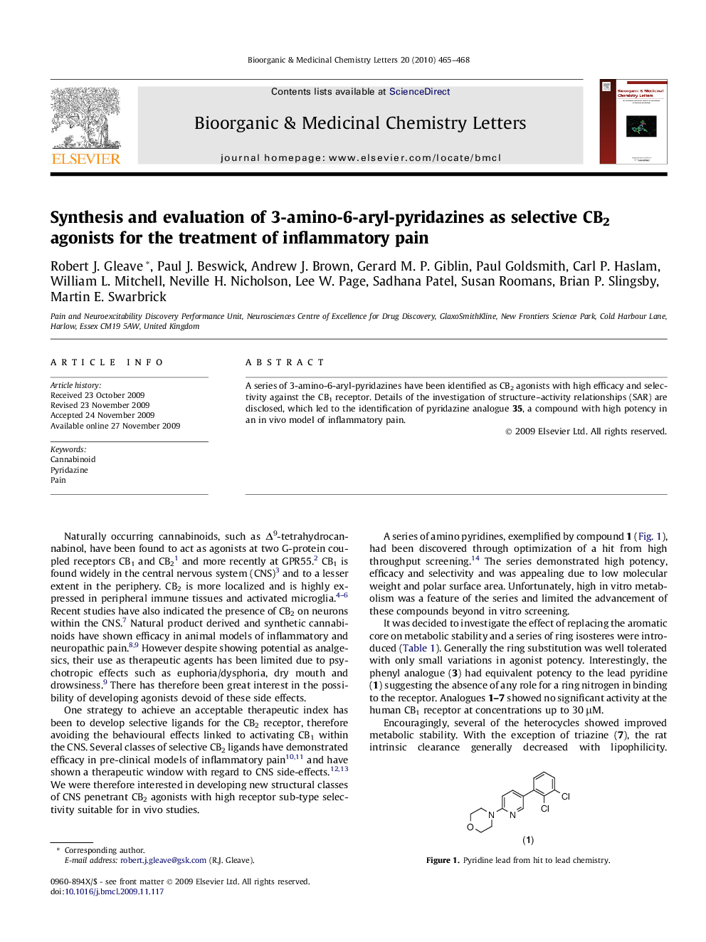 Synthesis and evaluation of 3-amino-6-aryl-pyridazines as selective CB2 agonists for the treatment of inflammatory pain