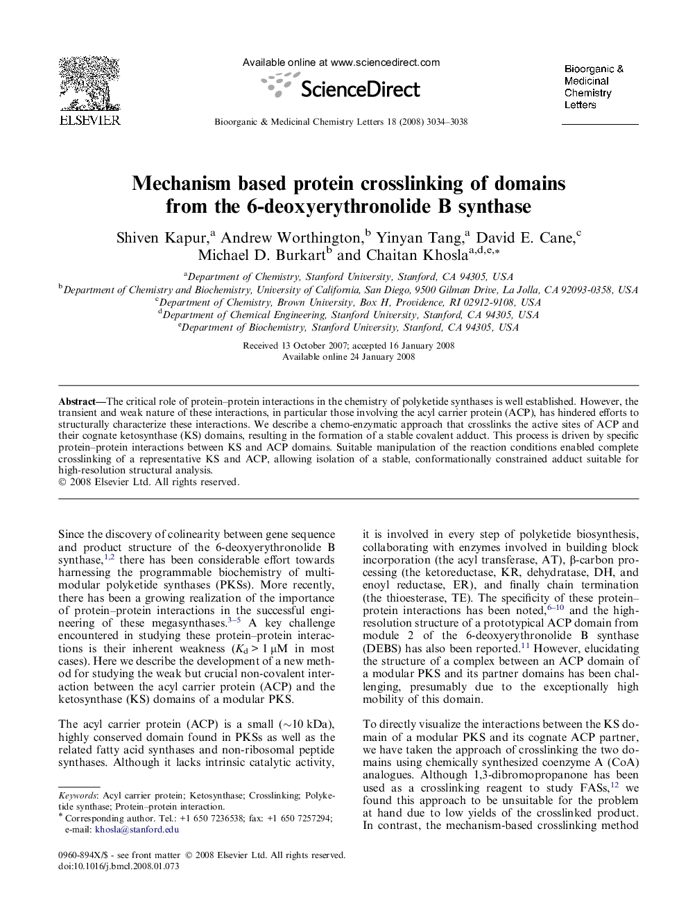 Mechanism based protein crosslinking of domains from the 6-deoxyerythronolide B synthase