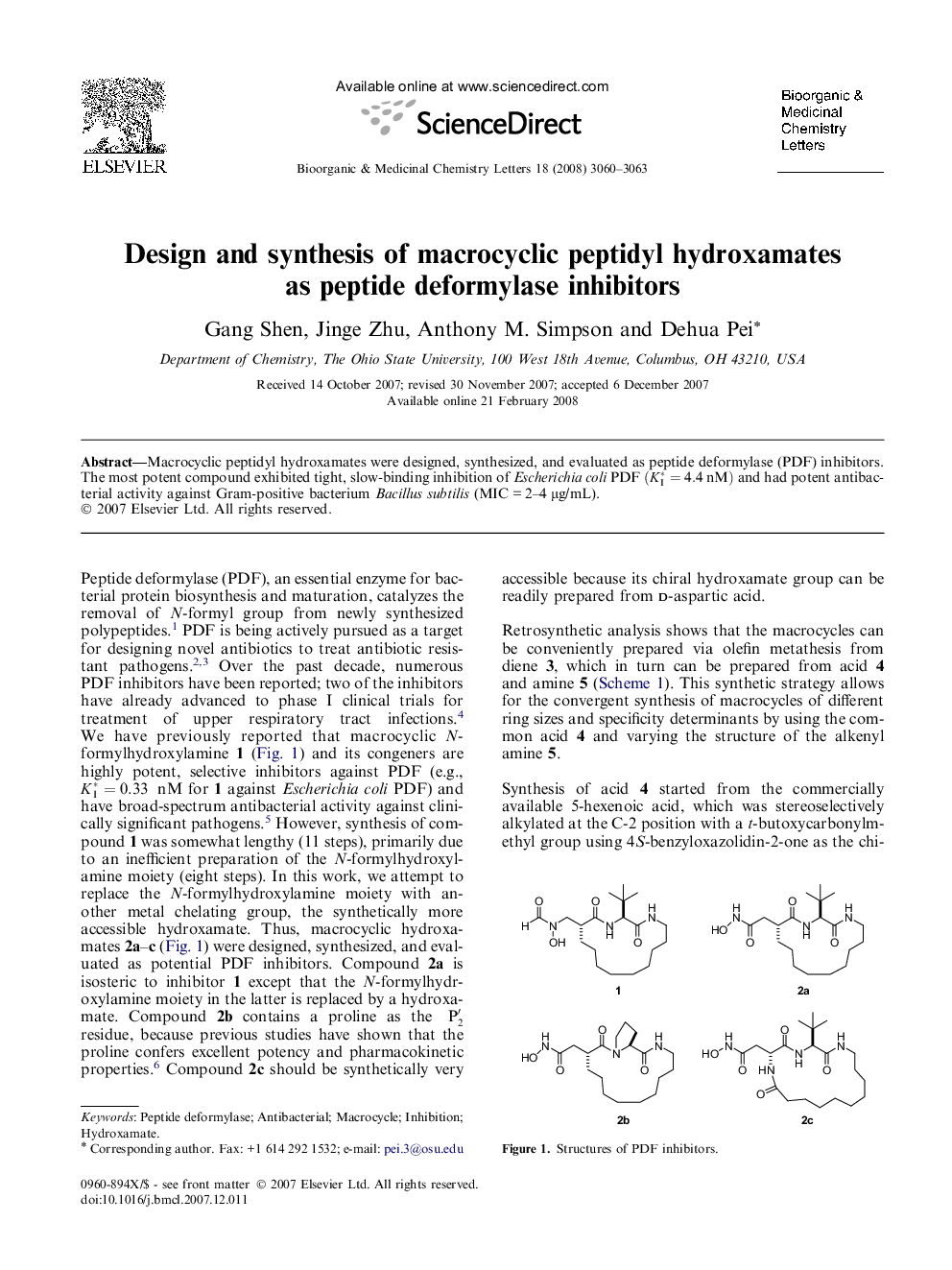Design and synthesis of macrocyclic peptidyl hydroxamates as peptide deformylase inhibitors