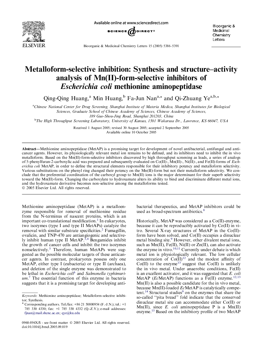 Metalloform-selective inhibition: Synthesis and structure–activity analysis of Mn(II)-form-selective inhibitors of Escherichia coli methionine aminopeptidase