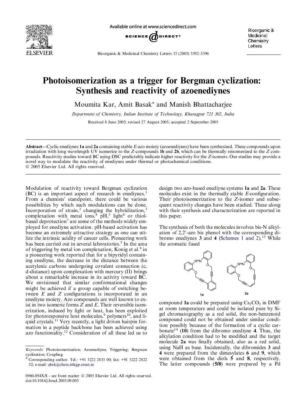 Photoisomerization as a trigger for Bergman cyclization: Synthesis and reactivity of azoenediynes