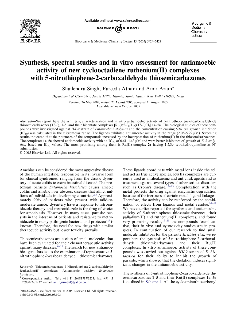 Synthesis, spectral studies and in vitro assessment for antiamoebic activity of new cyclooctadiene ruthenium(II) complexes with 5-nitrothiophene-2-carboxaldehyde thiosemicarbazones