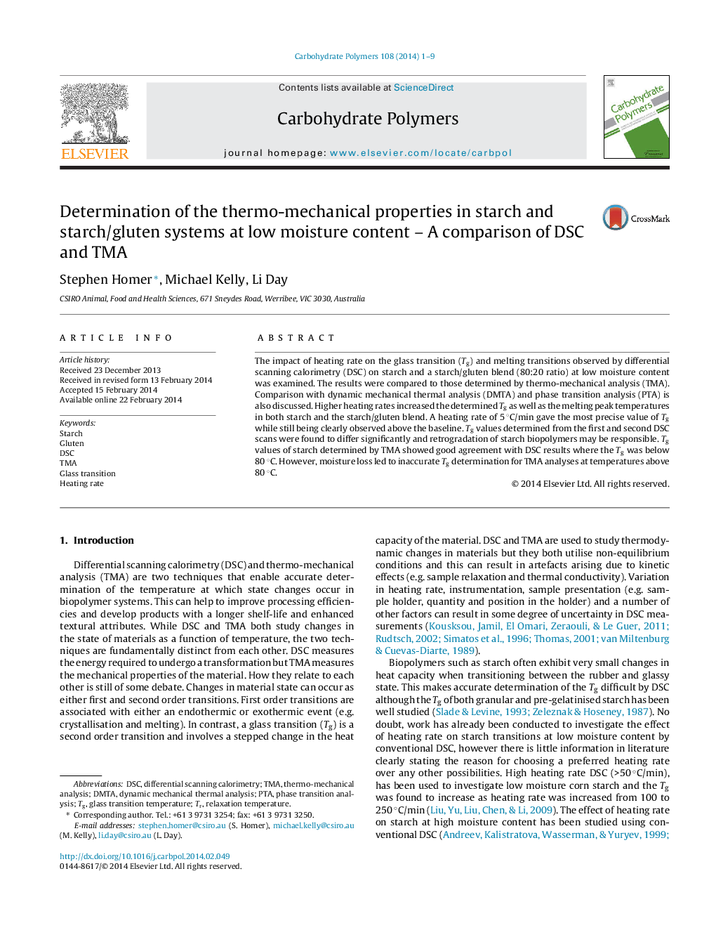 Determination of the thermo-mechanical properties in starch and starch/gluten systems at low moisture content – A comparison of DSC and TMA