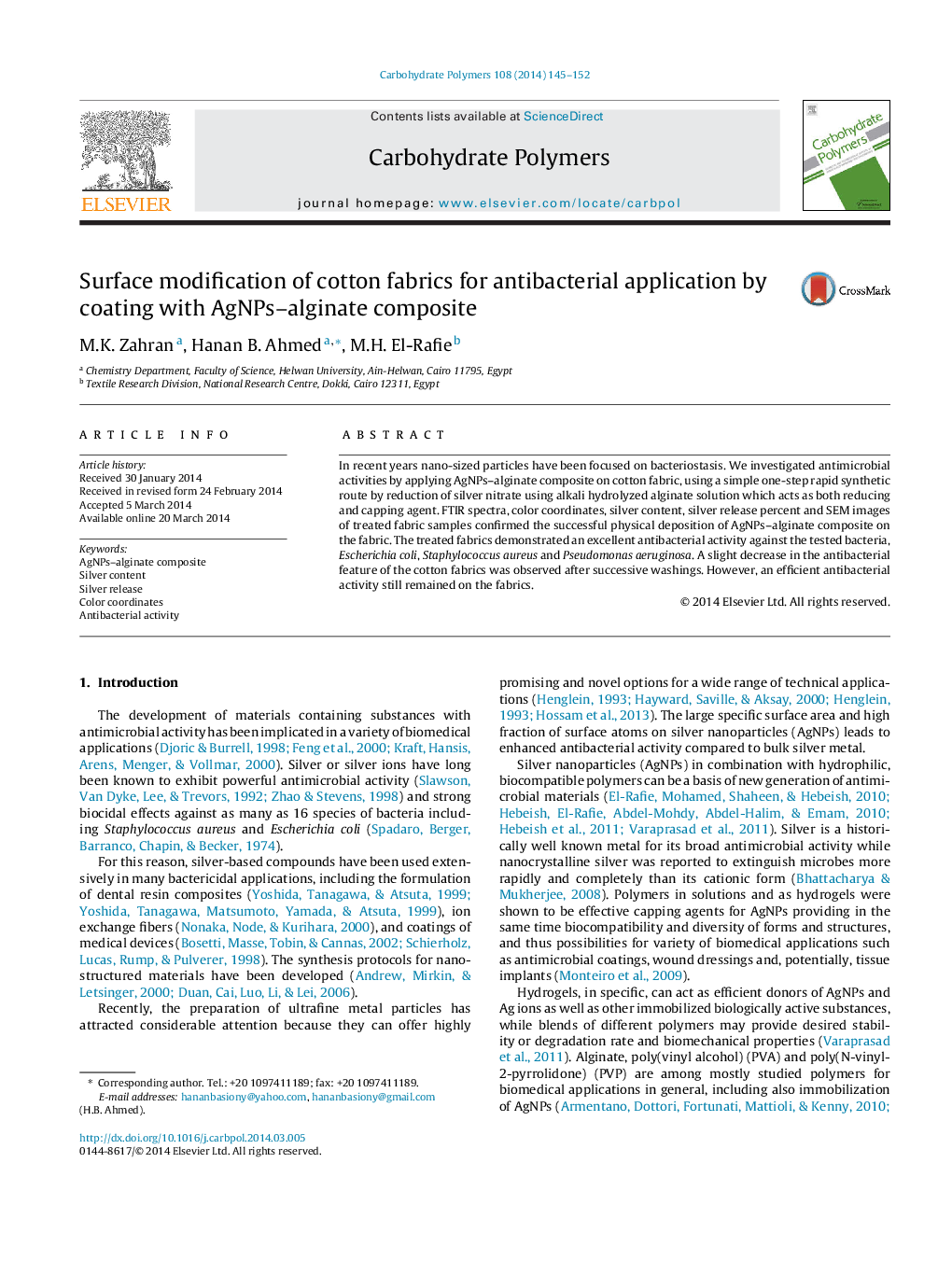 Surface modification of cotton fabrics for antibacterial application by coating with AgNPs–alginate composite