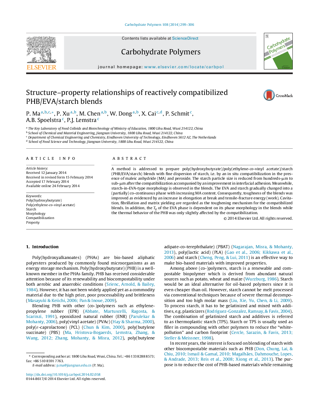 Structure–property relationships of reactively compatibilized PHB/EVA/starch blends