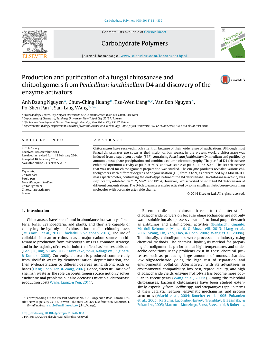 Production and purification of a fungal chitosanase and chitooligomers from Penicillium janthinellum D4 and discovery of the enzyme activators