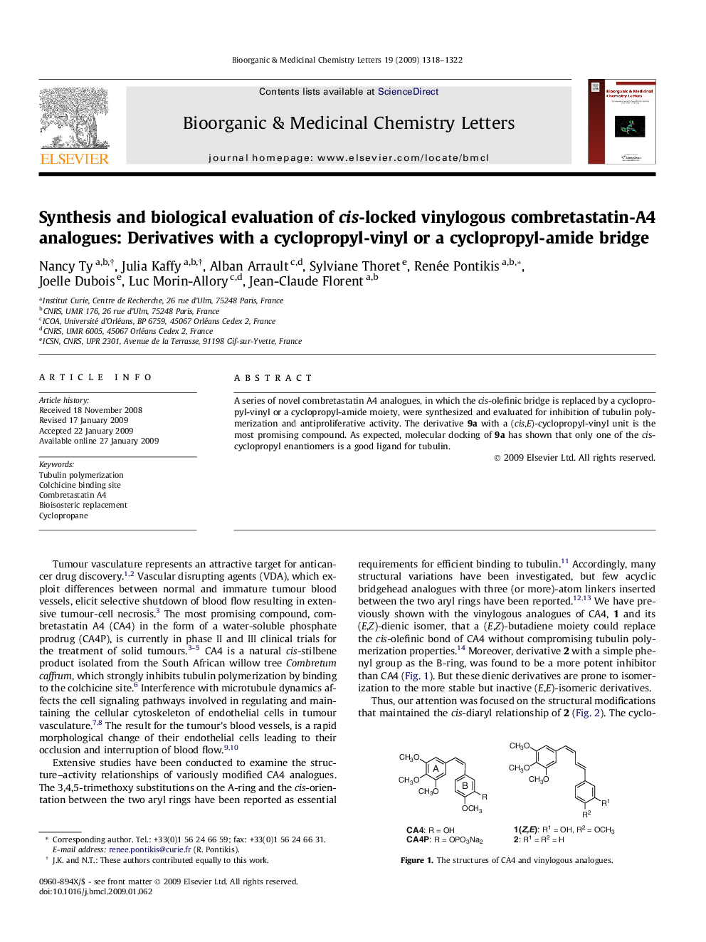 Synthesis and biological evaluation of cis-locked vinylogous combretastatin-A4 analogues: Derivatives with a cyclopropyl-vinyl or a cyclopropyl-amide bridge