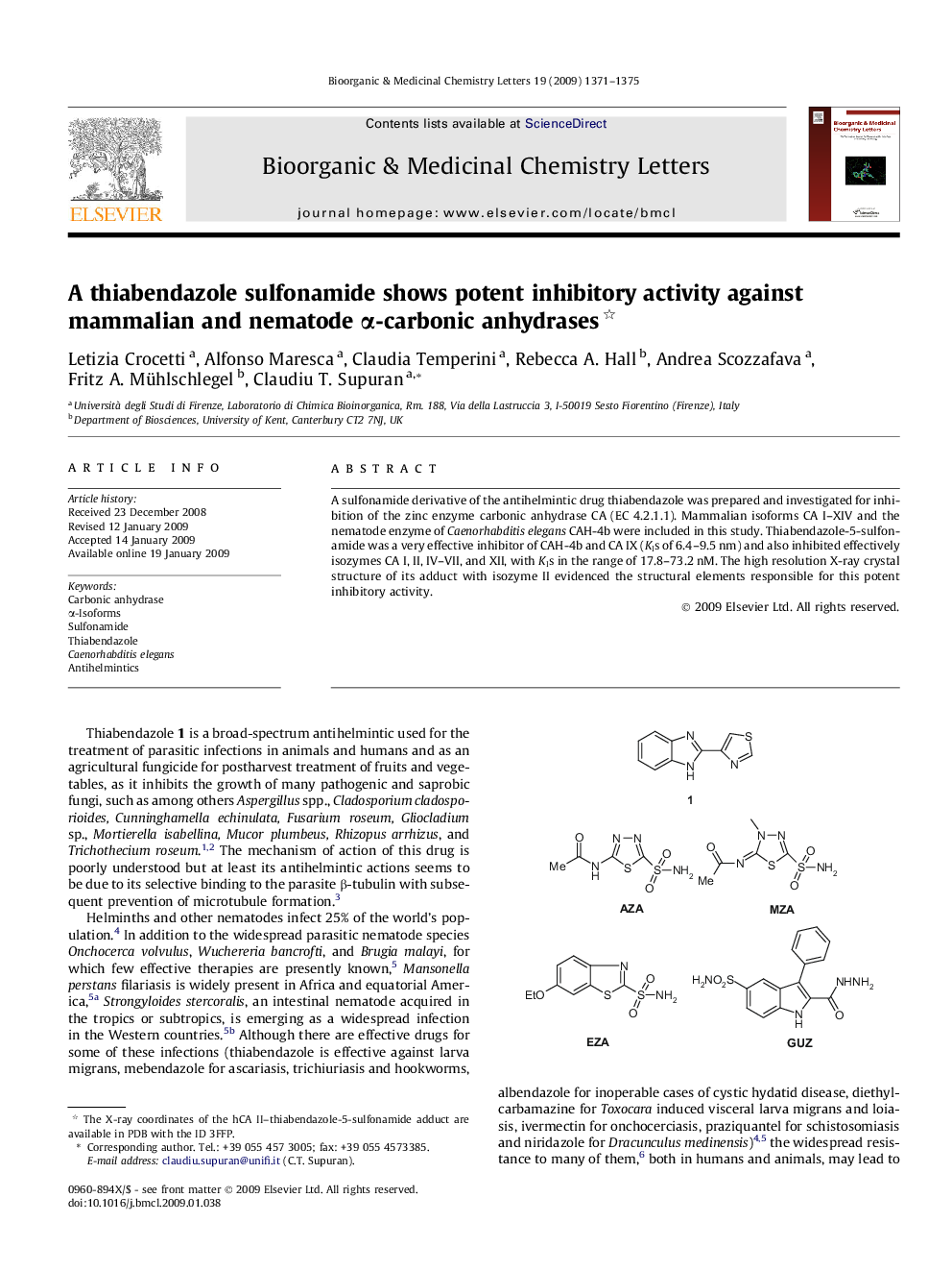 A thiabendazole sulfonamide shows potent inhibitory activity against mammalian and nematode α-carbonic anhydrases 