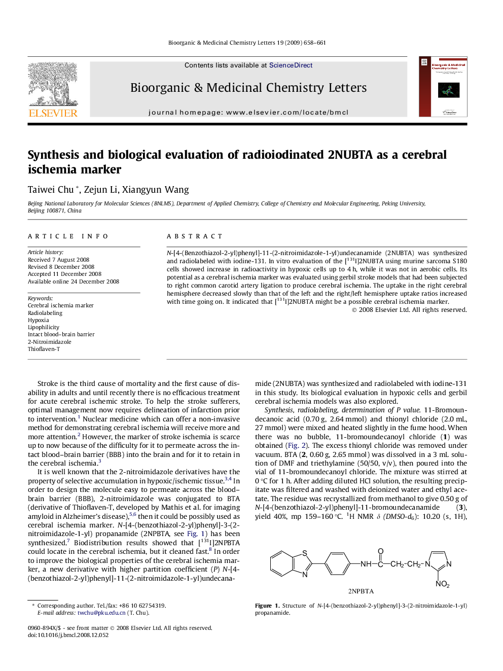 Synthesis and biological evaluation of radioiodinated 2NUBTA as a cerebral ischemia marker