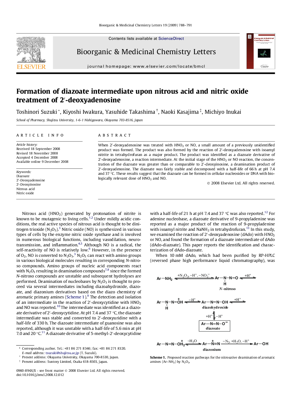 Formation of diazoate intermediate upon nitrous acid and nitric oxide treatment of 2â²-deoxyadenosine