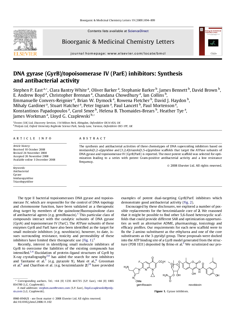 DNA gyrase (GyrB)/topoisomerase IV (ParE) inhibitors: Synthesis and antibacterial activity