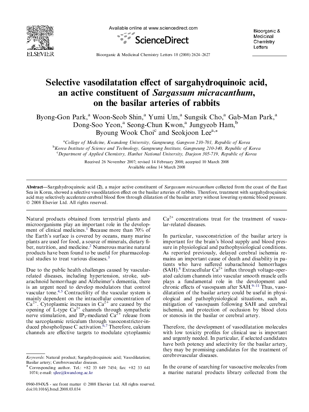 Selective vasodilatation effect of sargahydroquinoic acid, an active constituent of Sargassum micracanthum, on the basilar arteries of rabbits