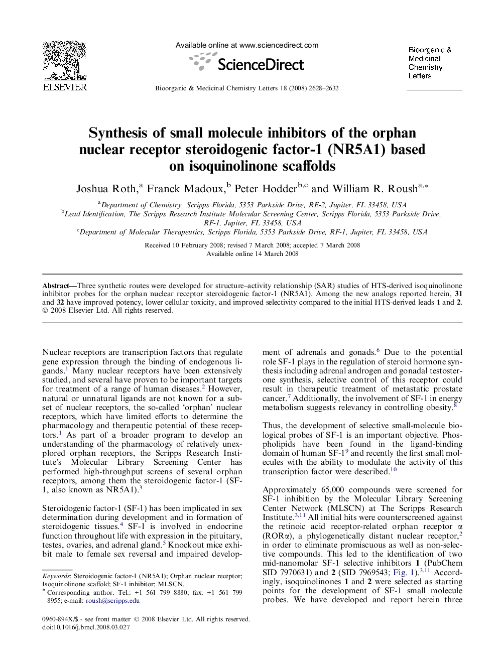 Synthesis of small molecule inhibitors of the orphan nuclear receptor steroidogenic factor-1 (NR5A1) based on isoquinolinone scaffolds