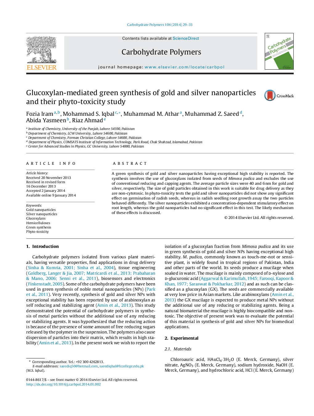 Glucoxylan-mediated green synthesis of gold and silver nanoparticles and their phyto-toxicity study