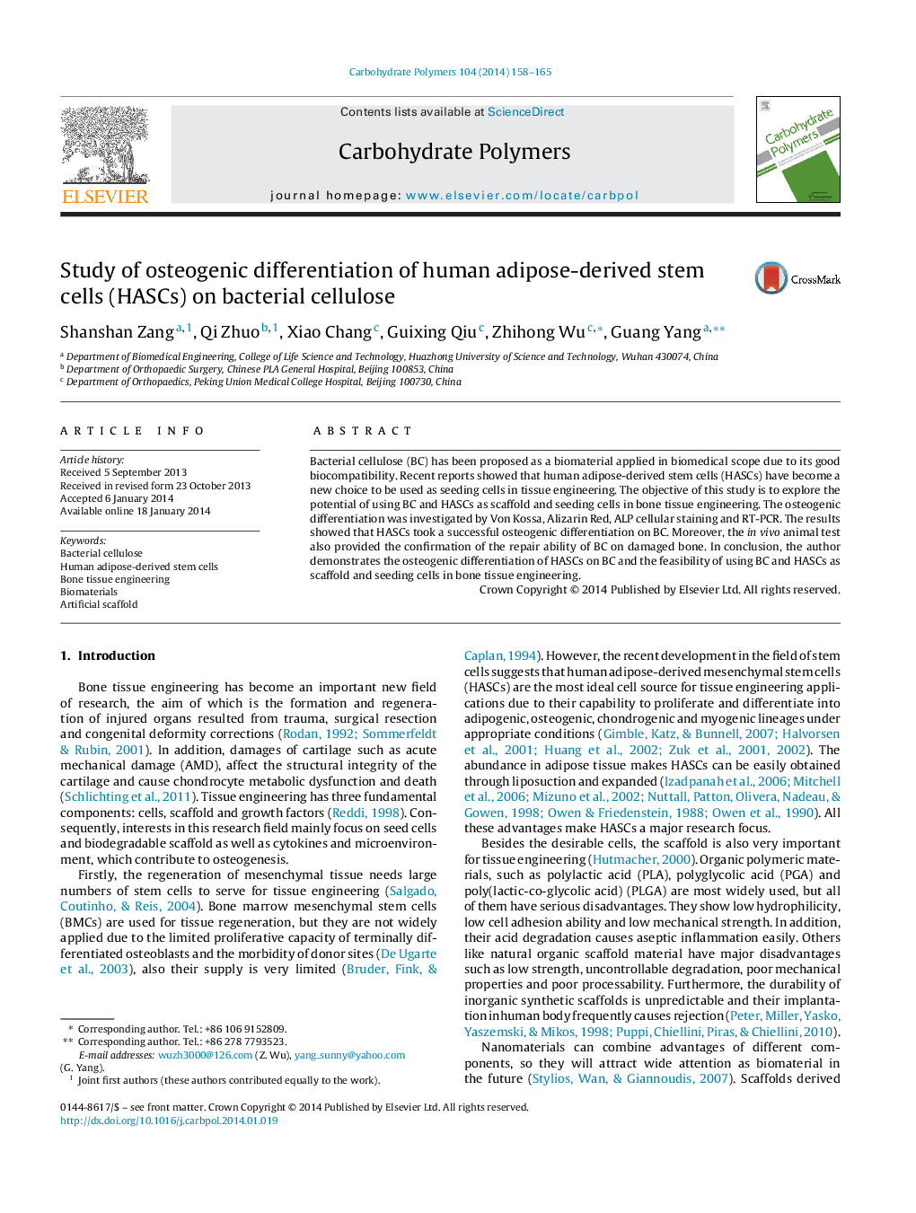 Study of osteogenic differentiation of human adipose-derived stem cells (HASCs) on bacterial cellulose