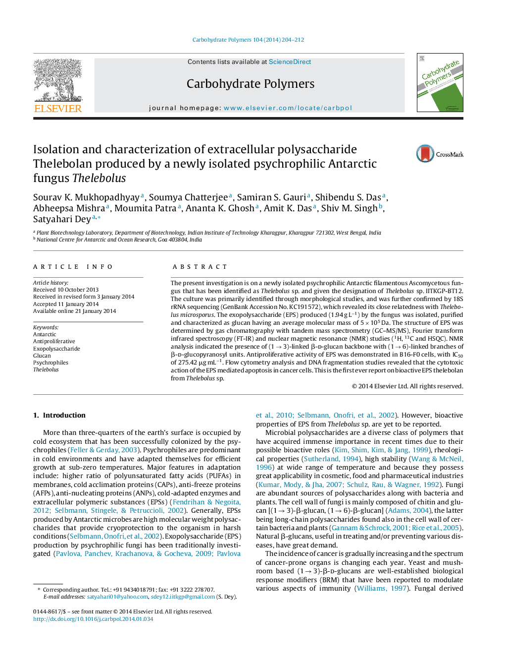 Isolation and characterization of extracellular polysaccharide Thelebolan produced by a newly isolated psychrophilic Antarctic fungus Thelebolus