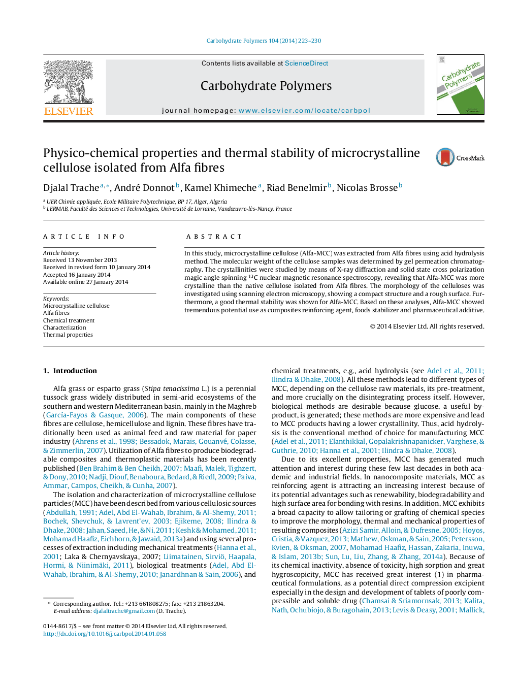 Physico-chemical properties and thermal stability of microcrystalline cellulose isolated from Alfa fibres