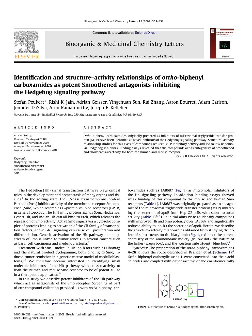 Identification and structure–activity relationships of ortho-biphenyl carboxamides as potent Smoothened antagonists inhibiting the Hedgehog signaling pathway