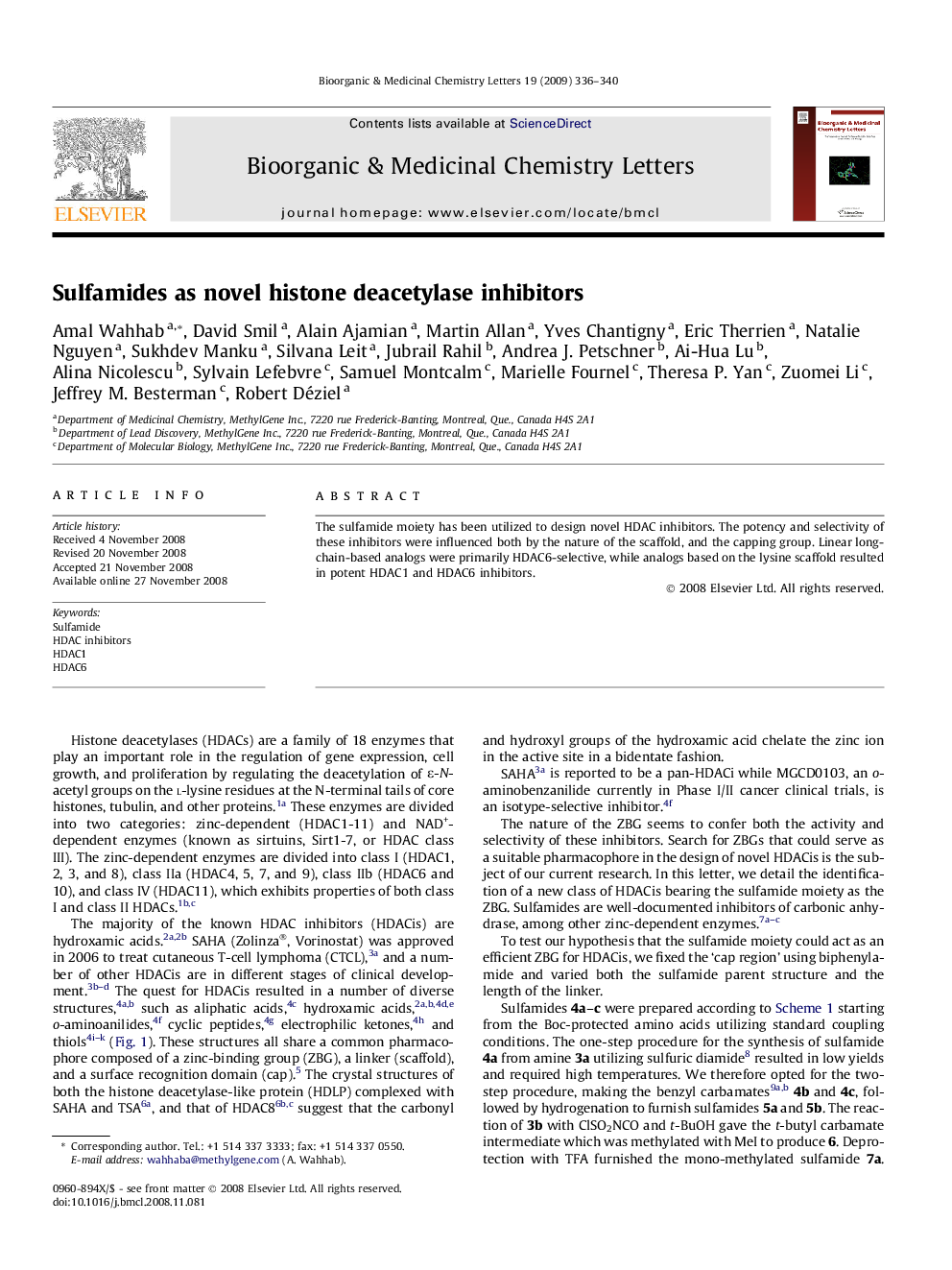 Sulfamides as novel histone deacetylase inhibitors