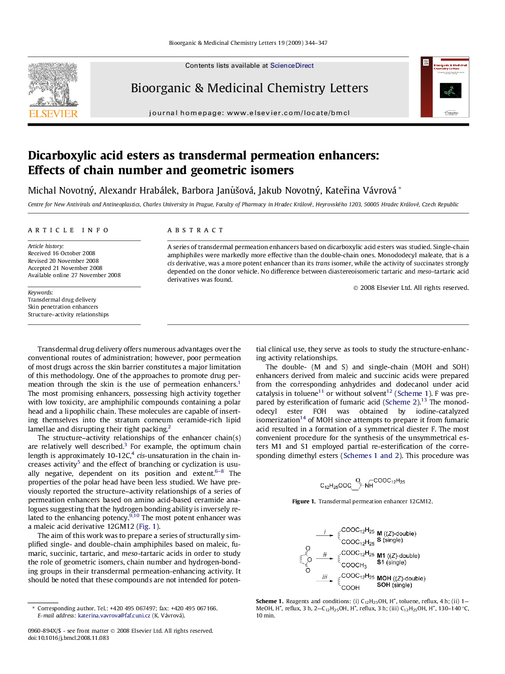 Dicarboxylic acid esters as transdermal permeation enhancers: Effects of chain number and geometric isomers