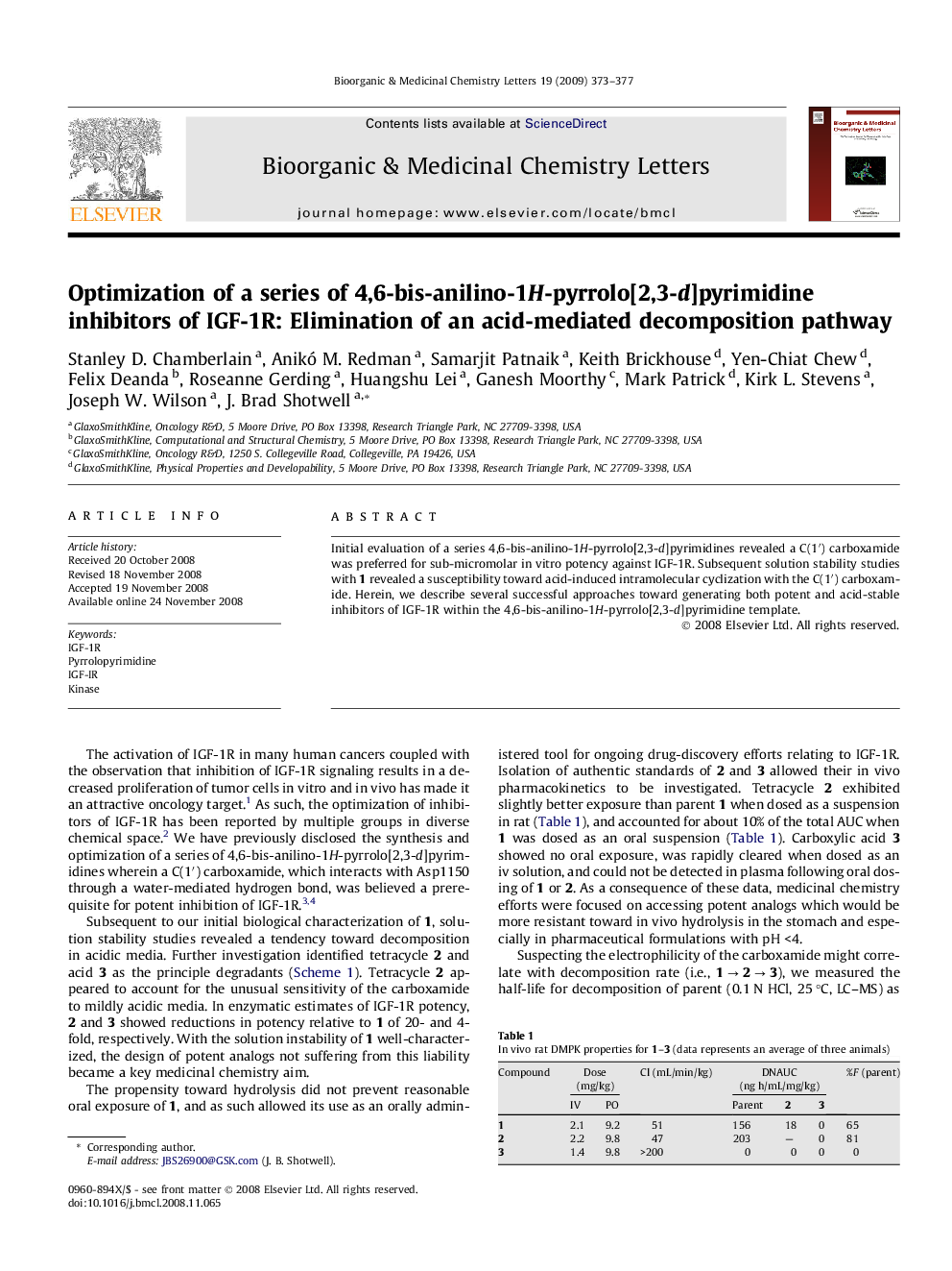 Optimization of a series of 4,6-bis-anilino-1H-pyrrolo[2,3-d]pyrimidine inhibitors of IGF-1R: Elimination of an acid-mediated decomposition pathway