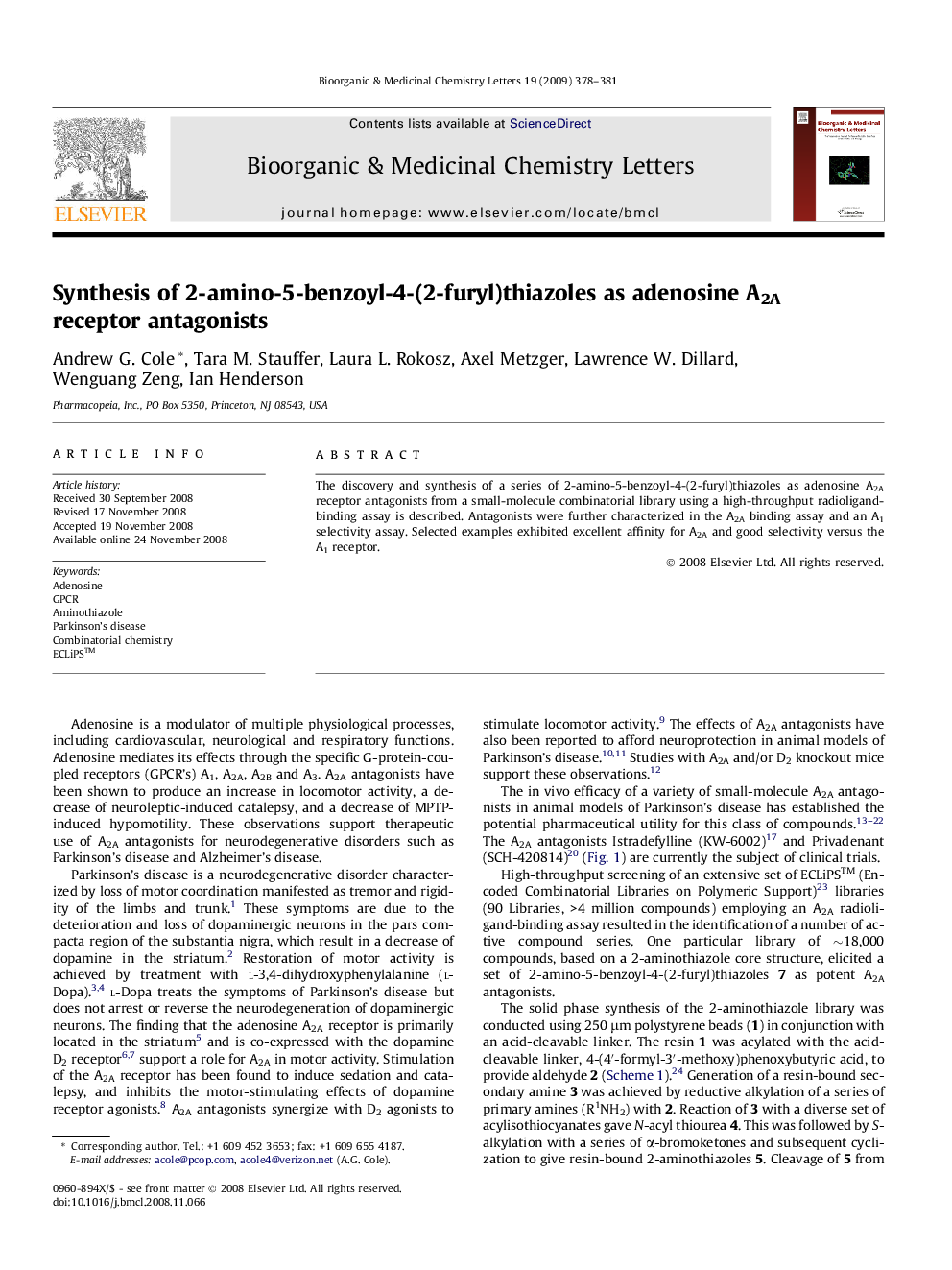 Synthesis of 2-amino-5-benzoyl-4-(2-furyl)thiazoles as adenosine A2A receptor antagonists