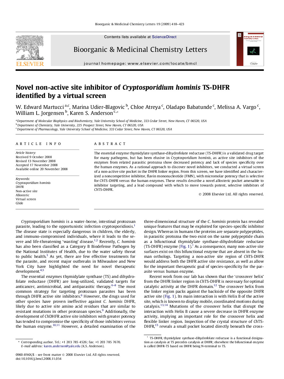 Novel non-active site inhibitor of Cryptosporidium hominis TS-DHFR identified by a virtual screen